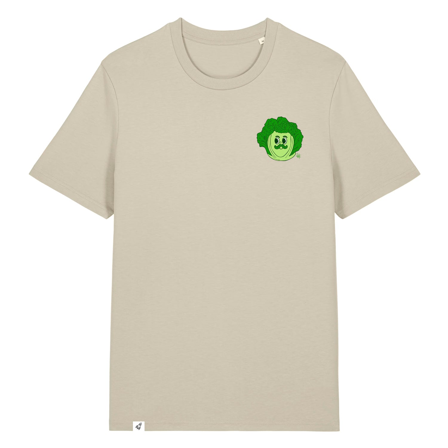 Steinfarbenes Unisex T-Shirt mit Rundhalsausschnitt. Auf der linken Brust ist ein Wirsing Kohlkopf Herr.