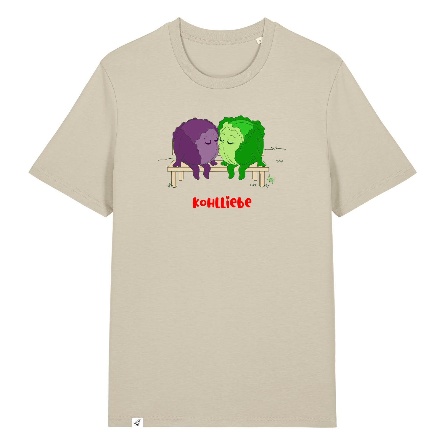 Steinfarbenes Unisex T-Shirt mit Rundhalsausschnitt. Auf der Brust sind zwei Kohlköpfe. Weiß- und Rotkohl diesich küssen.