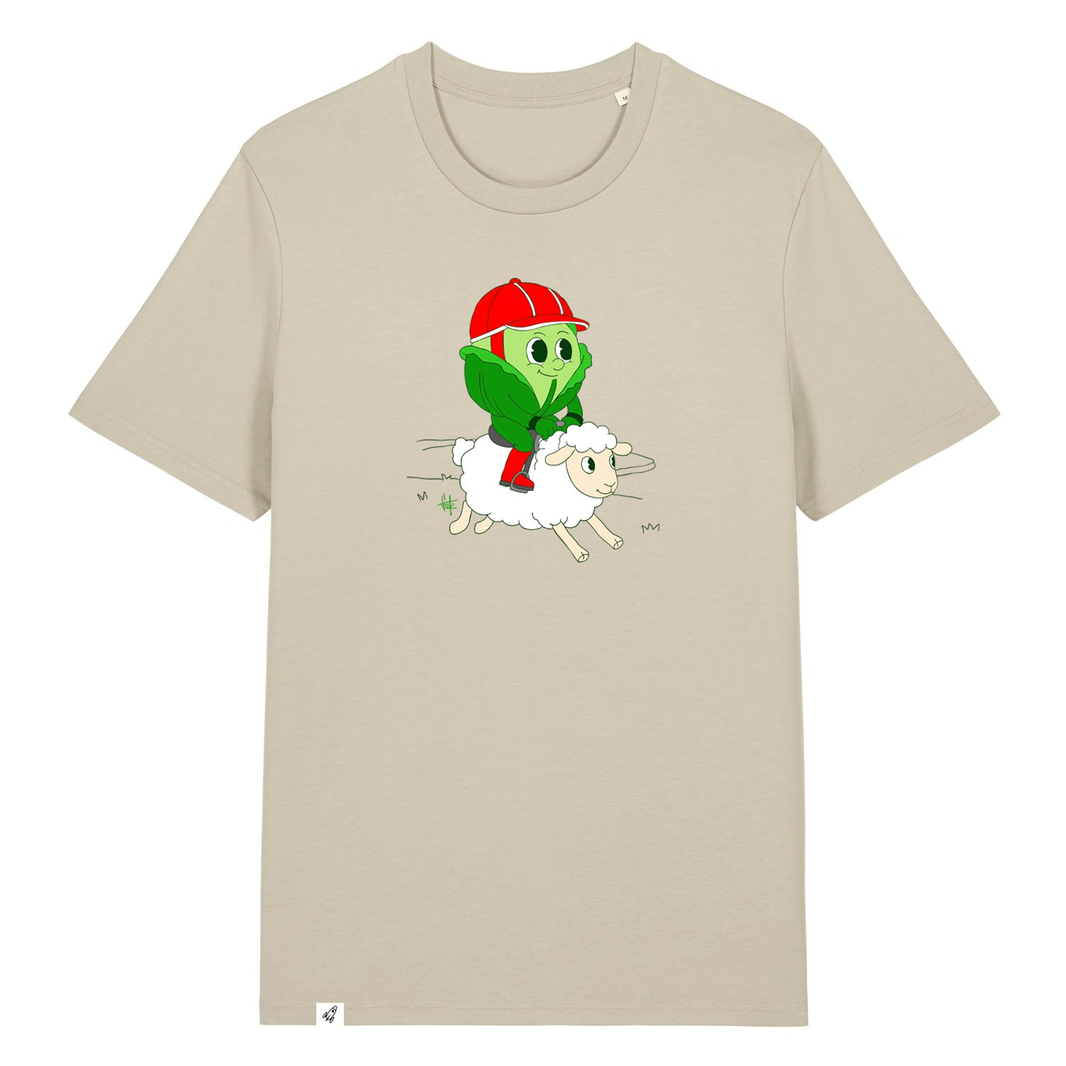 Steinfarbenes Unisex T-Shirt mit Rundhalsausschnitt. Auf der Brust ist ein Kohlkopf der auf einem Schaf reitet.
