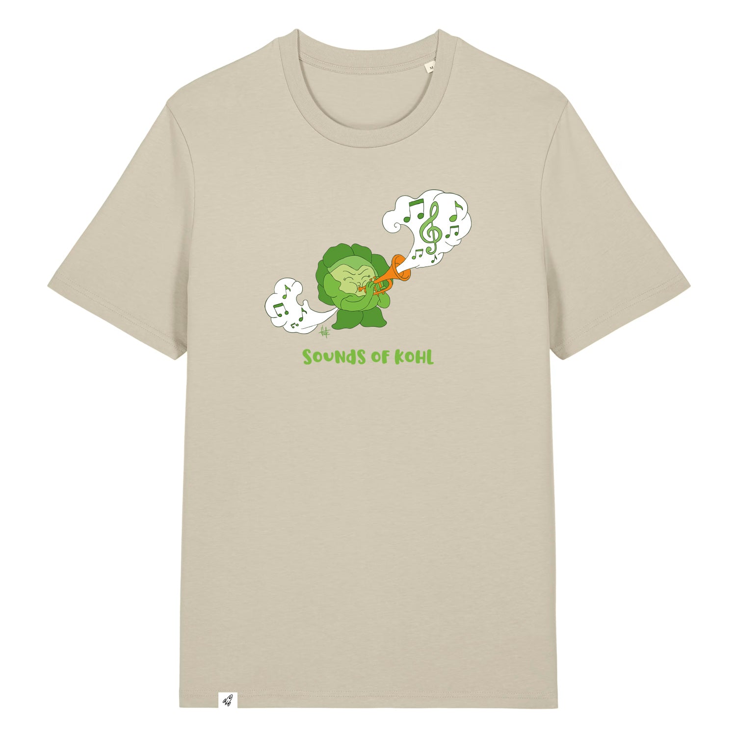 Steinfarbenes Unisex T-Shirt mit Rundhalsausschnitt. Auf der Brust ist ein Kohl der Musik auf einer Trompete spielt. Darunter steht der Spruch Sounds of Kohl.