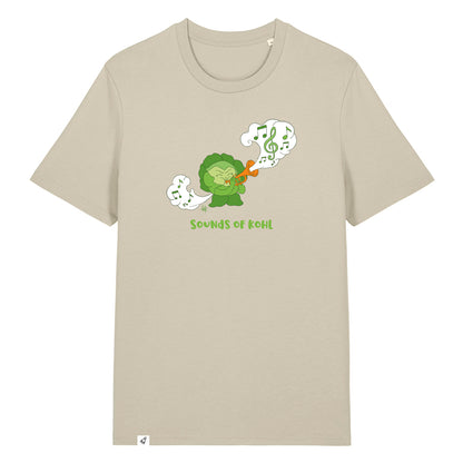 Steinfarbenes Unisex T-Shirt mit Rundhalsausschnitt. Auf der Brust ist ein Kohl der Musik auf einer Trompete spielt. Darunter steht der Spruch Sounds of Kohl.