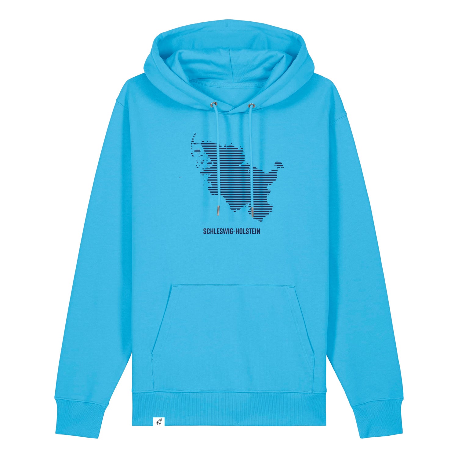 Blauer Unisex Hoodie mit Kordelzug und Kängurutasche. Auf der Brust ist in blauen Streifen der Umriss von Schleswig-Holstein. Darunter steht Schleswig-Holstein. Die Farbe vom Hoodie heißt Aqua Blue.