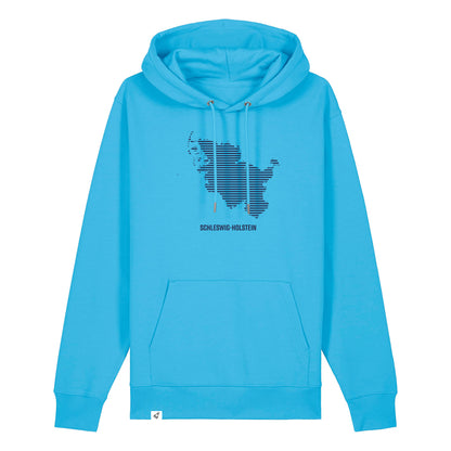 Blauer Unisex Hoodie mit Kordelzug und Kängurutasche. Auf der Brust ist in blauen Streifen der Umriss von Schleswig-Holstein. Darunter steht Schleswig-Holstein. Die Farbe vom Hoodie heißt Aqua Blue.