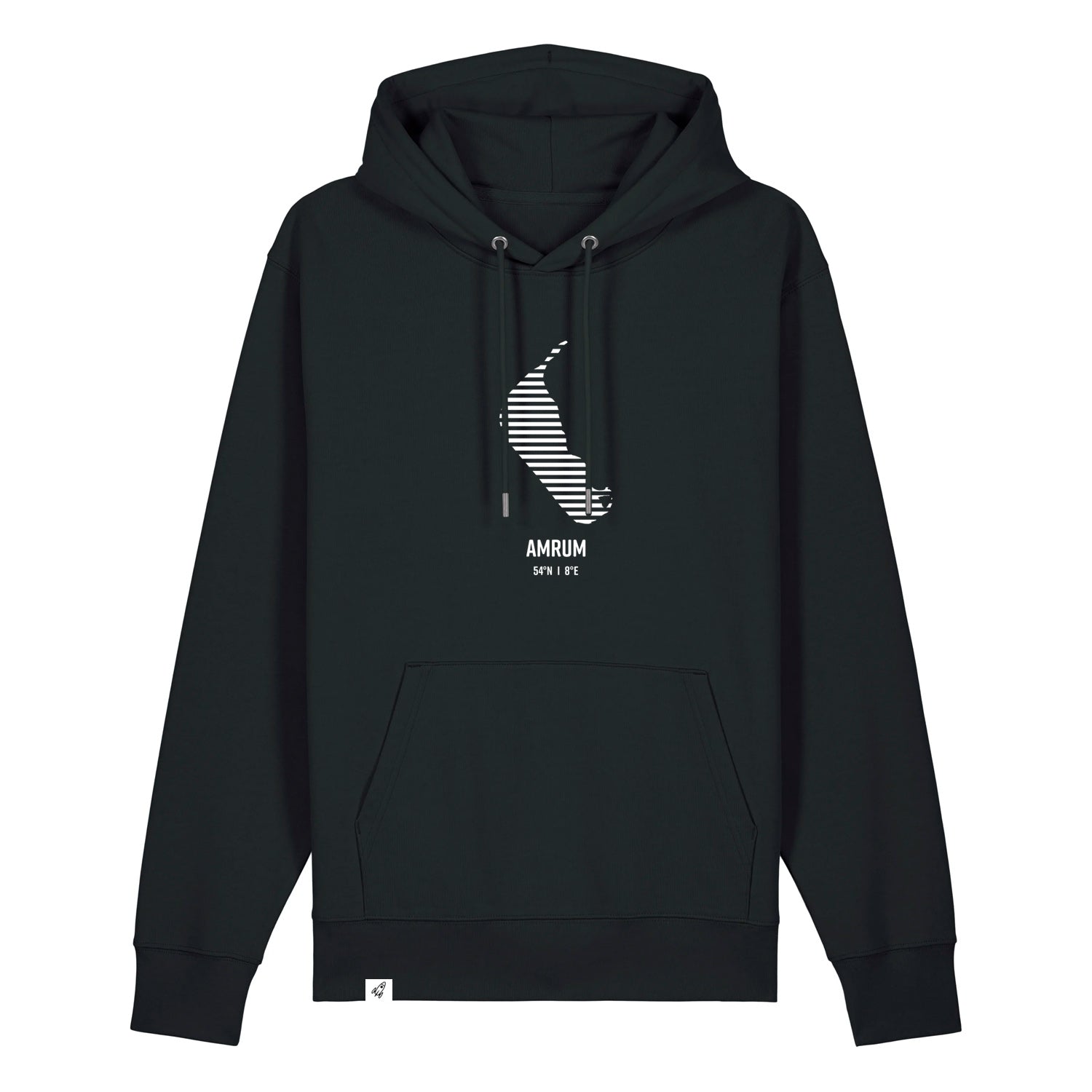 Schwarzer Unisex Hoodie mit Kordelzug und Kängurutasche. Auf der Brust ist in weißen Streifen der Umriss von Amrum. Darunter steht Amrum. Die Farbe vom Hoodie heißt Black.