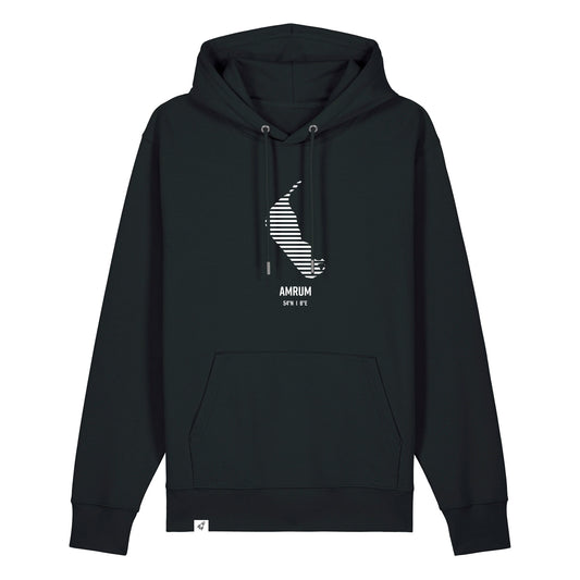 Schwarzer Unisex Hoodie mit Kordelzug und Kängurutasche. Auf der Brust ist in weißen Streifen der Umriss von Amrum. Darunter steht Amrum. Die Farbe vom Hoodie heißt Black.