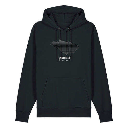 Schwarzer Unisex Hoodie mit Kordelzug und Kängerutasche. Auf der Brust ist in weißen Streifen der Umriss von Bargenstedt. Darunter steht Bargenstedt 54° N und 9° E. Die Farbe vom Hoodie heißt Black.