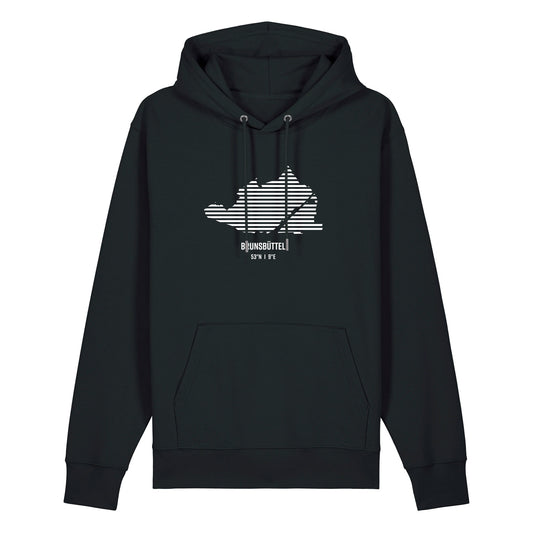 Schwarzer Unisex Hoodie mit Kordelzug und Kängurutasche. Auf der Brust ist in weißen Streifen der Umriss von Brunsbüttel. Darunter steht Burg 53° N und 9° E. Die Farbe vom Hoodie heißt Black.