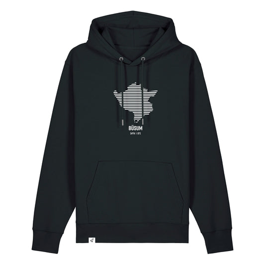 Schwarzer Unisex Hoodie mit Kordelzug und Kängurutasche. Auf der Brust ist in weißen Streifen der Umriss von Büsum. Darunter steht Büsum. Die Farbe vom Hoodie heißt Black.