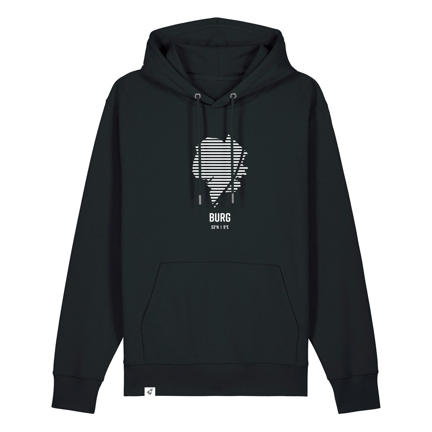 Schwarzer Unisex Hoodie mit Kordelzug und Kängurutasche. Auf der Brust ist in weißen Streifen der Umriss von Burg. Darunter steht Burg. Die Farbe vom Hoodie heißt Black.