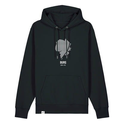 Schwarzer Unisex Hoodie mit Kordelzug und Kängurutasche. Auf der Brust ist in weißen Streifen der Umriss von Burg. Darunter steht Burg. Die Farbe vom Hoodie heißt Black.