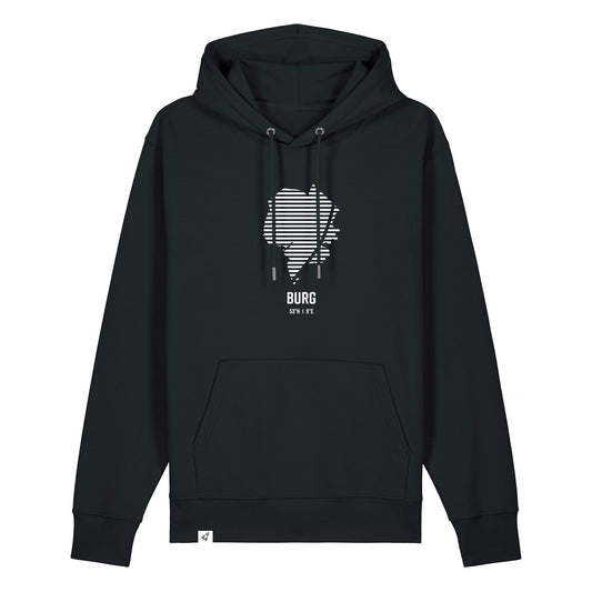 Schwarzer Unisex Hoodie mit Kordelzug und Kängurutasche. Auf der Brust ist in weißen Streifen der Umriss von Burg. Darunter steht Burg. Die Farbe vom Hoodie heißt Black.