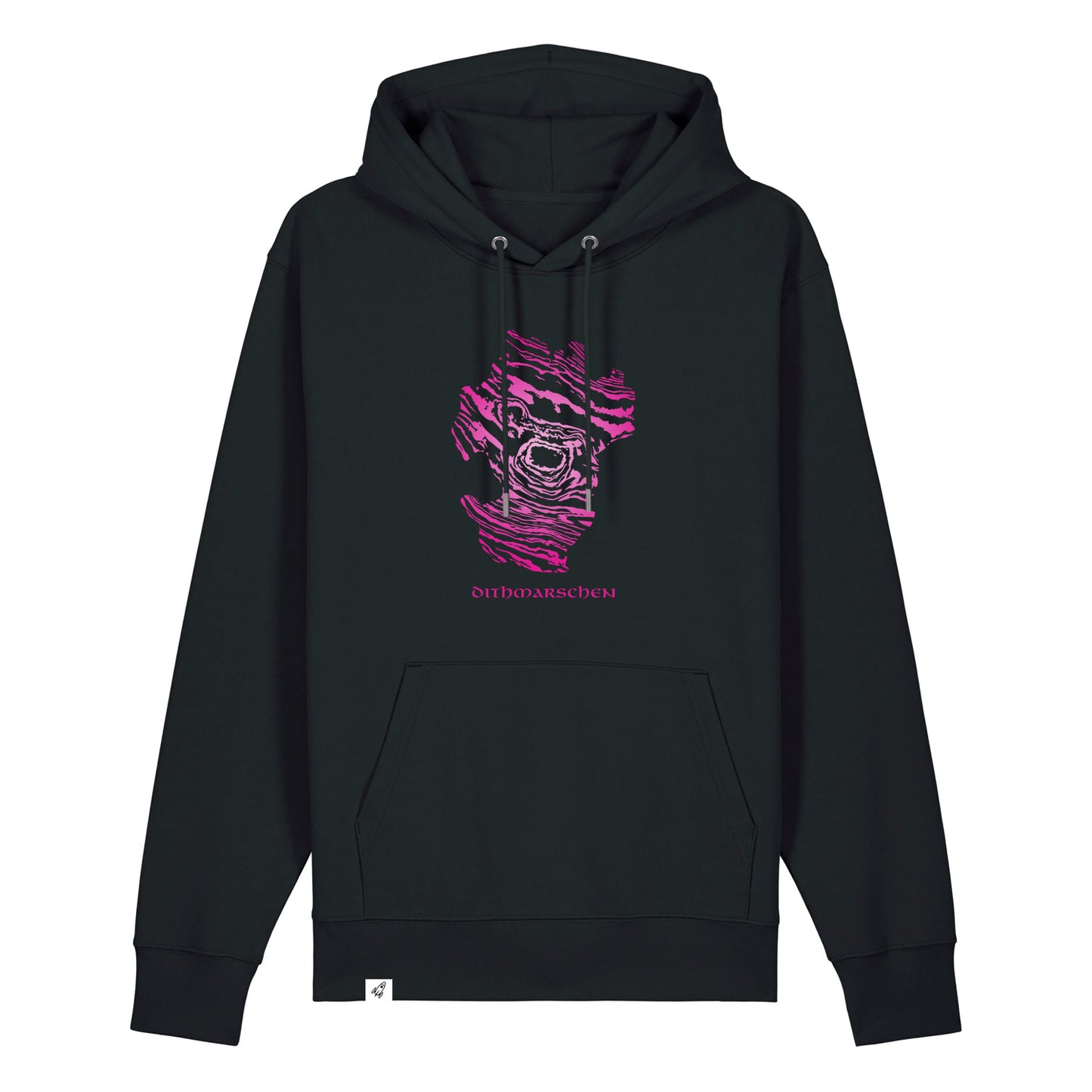 Schwarzer Unisex Hoodie mit Kapuze. Auf der Brust ist der Dithmarschen Umriss in einem pinken Damst-Muster. Darunter steht Dithmarschen.