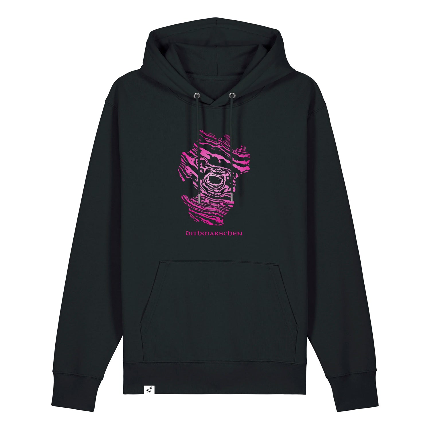 Schwarzer Unisex Hoodie mit Kapuze. Auf der Brust ist der Dithmarschen Umriss in einem pinken Damst-Muster. Darunter steht Dithmarschen.