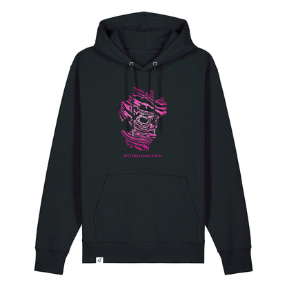Schwarzer Unisex Hoodie mit Kapuze. Auf der Brust ist der Dithmarschen Umriss in einem pinken Damst-Muster. Darunter steht Dithmarschen.