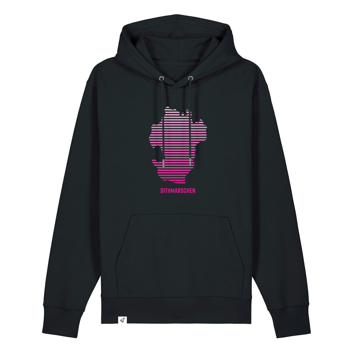 Schwarzer Unisex Hoodie mit Kapuze. Auf der Brust ist ein pinker Dithmarschen Aufdruck in Streifen. Unter dem Umriss steht Dithmarschen.