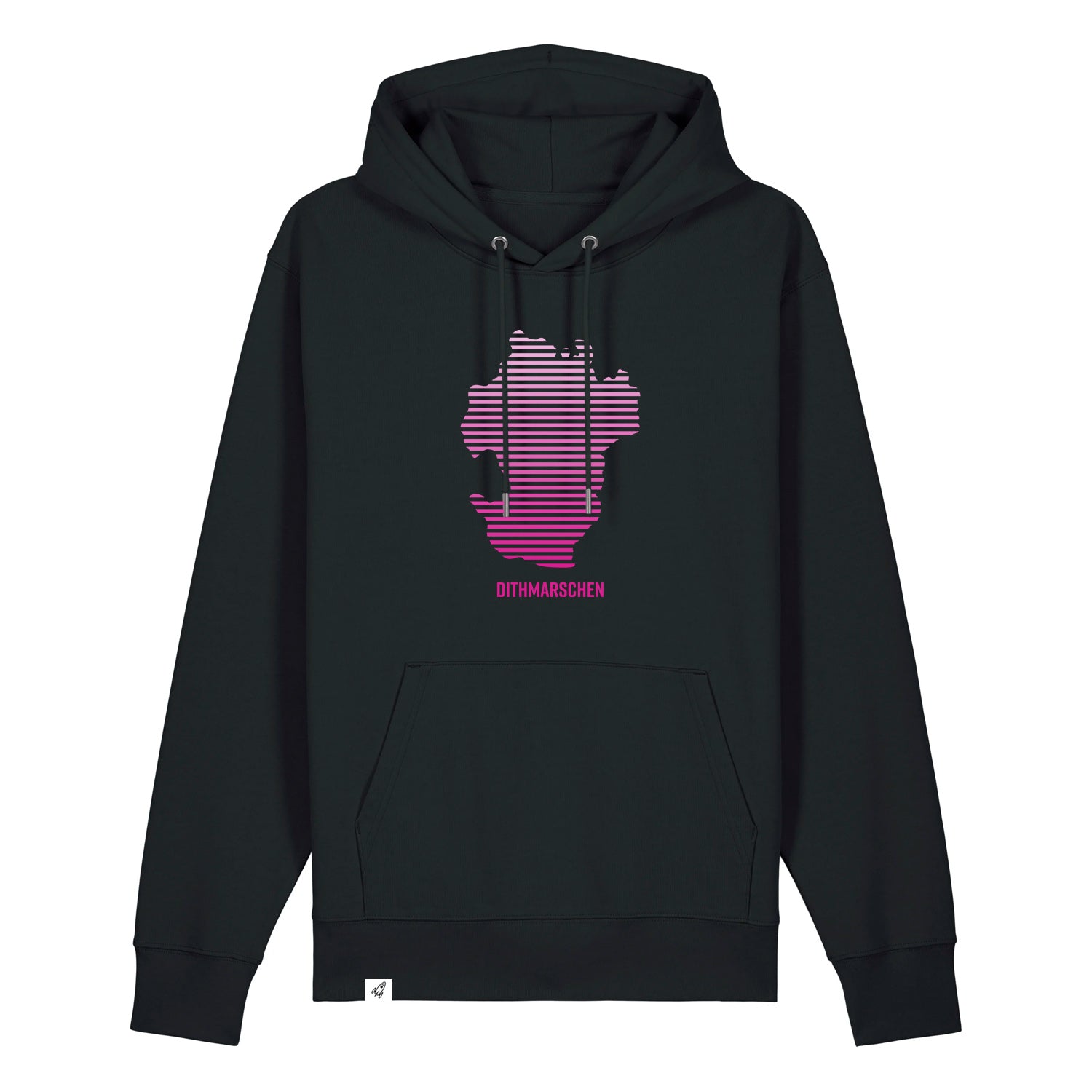 Schwarzer Unisex Hoodie mit Kapuze. Auf der Brust ist ein pinker Dithmarschen Aufdruck in Streifen. Unter dem Umriss steht Dithmarschen.