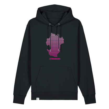Schwarzer Unisex Hoodie mit Kapuze. Auf der Brust ist ein pinker Dithmarschen Aufdruck in Streifen. Unter dem Umriss steht Dithmarschen.