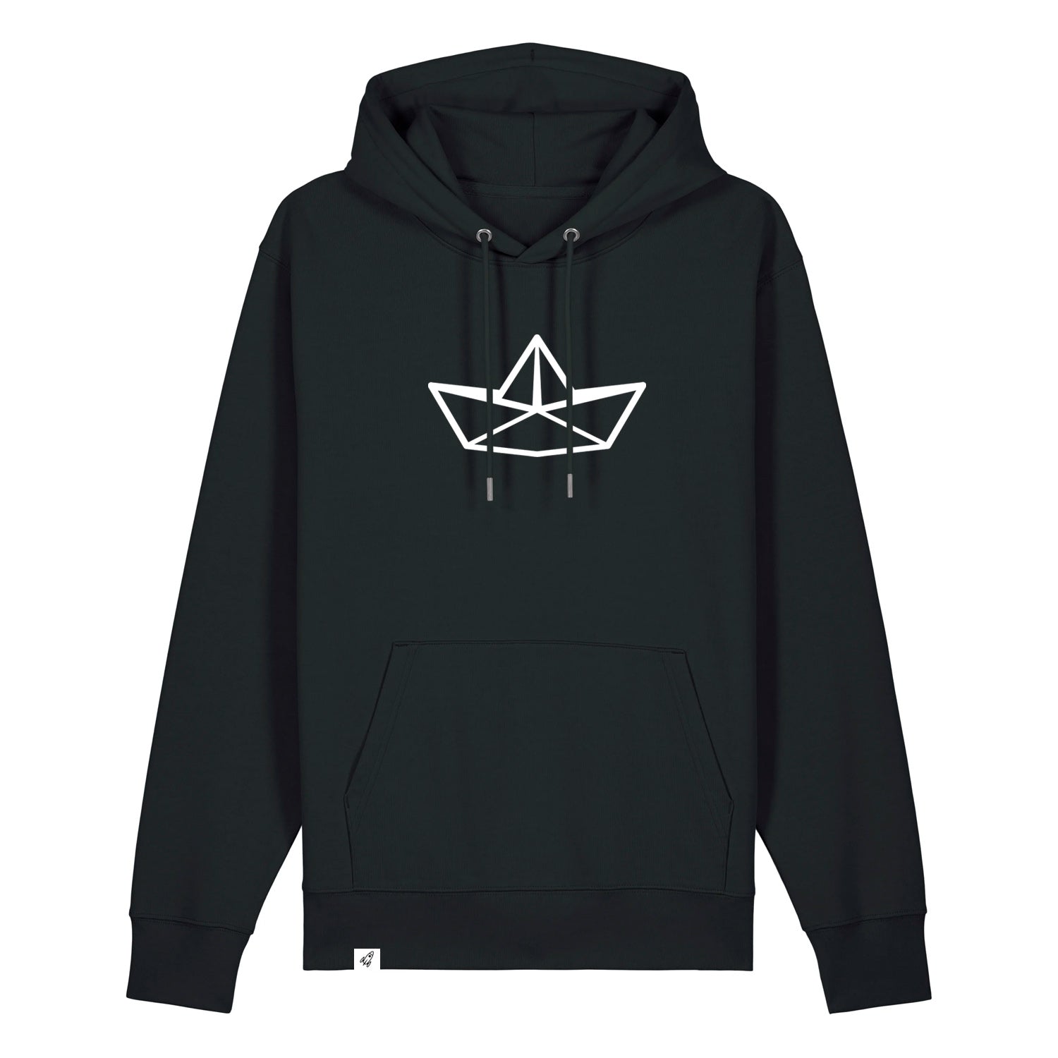 Schwarzer Unisex Hoodie mit Kordelzug und Kängerutasche. Auf der Brust ist in weiß die Grafik eines Faltbootes. Die Farbe vom Hoodie heißt Black.