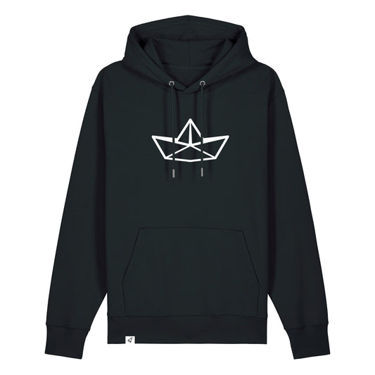 Schwarzer Unisex Hoodie mit Kordelzug und Kängerutasche. Auf der Brust ist in weiß die Grafik eines Faltbootes. Die Farbe vom Hoodie heißt Black.