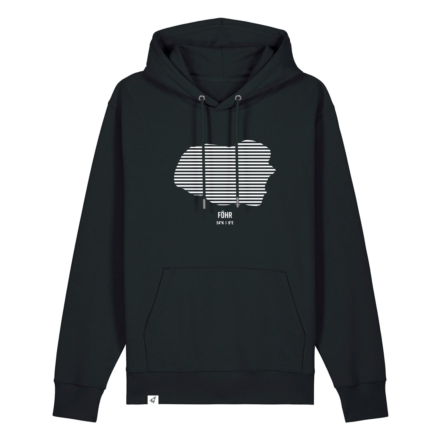 Schwarzer Unisex Hoodie mit Kordelzug und Kängurutasche. Auf der Brust ist in weißen Streifen der Umriss von Föhr. Darunter steht Föhr. Die Farbe vom Hoodie heißt Black.