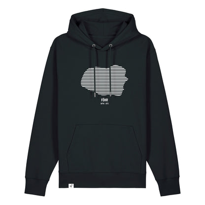 Schwarzer Unisex Hoodie mit Kordelzug und Kängurutasche. Auf der Brust ist in weißen Streifen der Umriss von Föhr. Darunter steht Föhr. Die Farbe vom Hoodie heißt Black.