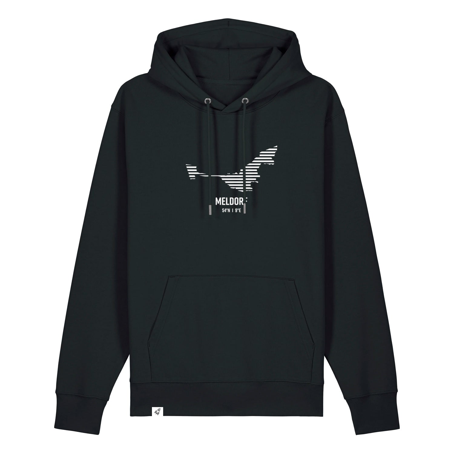 Schwarzer Unisex Hoodie mit Kordelzug und Kängurutasche. Auf der Brust ist in weißen Streifen der Umriss von Meldorf. Darunter steht Meldorf. Die Farbe vom Hoodie heißt Black.