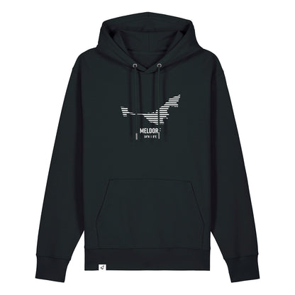 Schwarzer Unisex Hoodie mit Kordelzug und Kängurutasche. Auf der Brust ist in weißen Streifen der Umriss von Meldorf. Darunter steht Meldorf. Die Farbe vom Hoodie heißt Black.