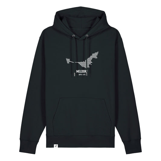Schwarzer Unisex Hoodie mit Kordelzug und Kängurutasche. Auf der Brust ist in weißen Streifen der Umriss von Meldorf. Darunter steht Meldorf. Die Farbe vom Hoodie heißt Black.