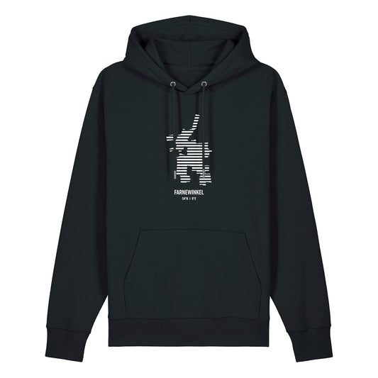 Schwarzer Unisex Hoodie mit Kordelzug und Kängurutasche. Auf der Brust ist in weißen Streifen der Umriss von Farnewinkel. Darunter steht Farnewinkel 54° N und 9° E. Die Farbe vom Hoodie heißt Black.