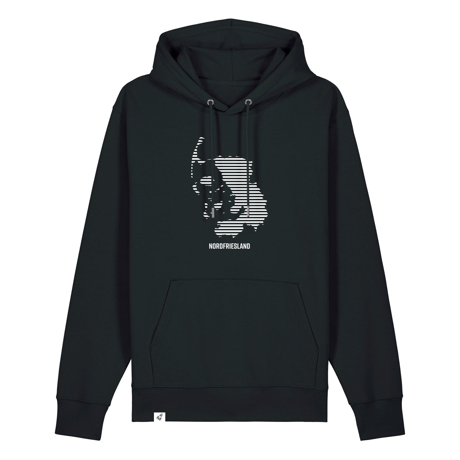 Schwarzer Unisex Hoodie mit Kordelzug und Kängurutasche. Auf der Brust ist in weißen Streifen der Umriss von Nordfriesland.