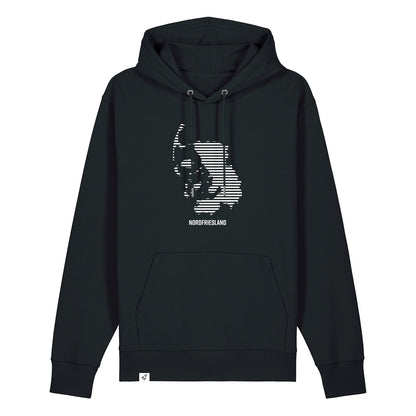 Schwarzer Unisex Hoodie mit Kordelzug und Kängurutasche. Auf der Brust ist in weißen Streifen der Umriss von Nordfriesland.