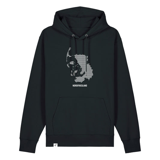 Schwarzer Unisex Hoodie mit Kordelzug und Kängurutasche. Auf der Brust ist in weißen Streifen der Umriss von Nordfriesland.