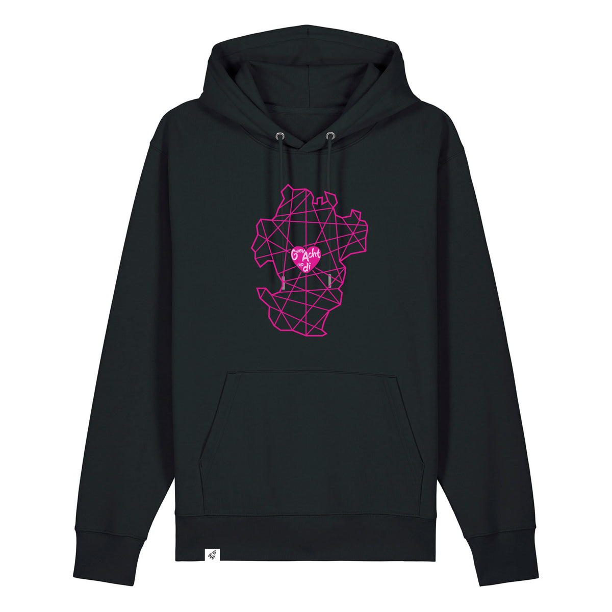 Schwarzer Unisex Hoodie aus der Geev Acht op di Kollektion mit Dithmarschen Motiv.