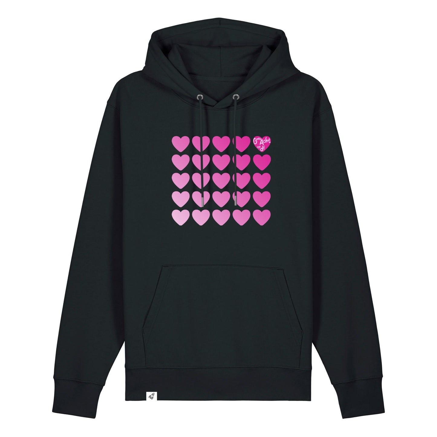 Schwarzer Unisex Hoodie aus der Pinktober Kollektion mit Herz Motiv.