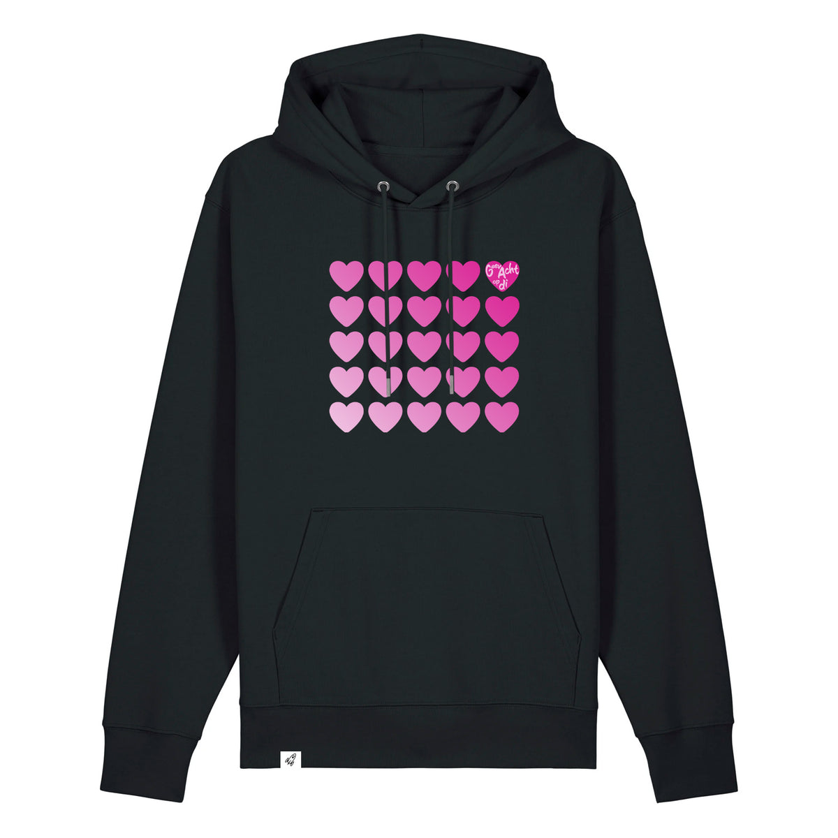 Schwarzer Unisex Hoodie aus der Pinktober Kollektion mit Herz Motiv.