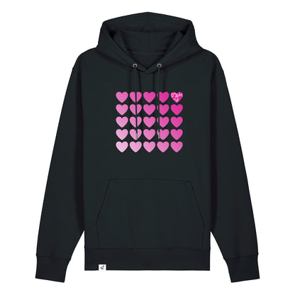 Schwarzer Unisex Hoodie aus der Pinktober Kollektion mit Herz Motiv.