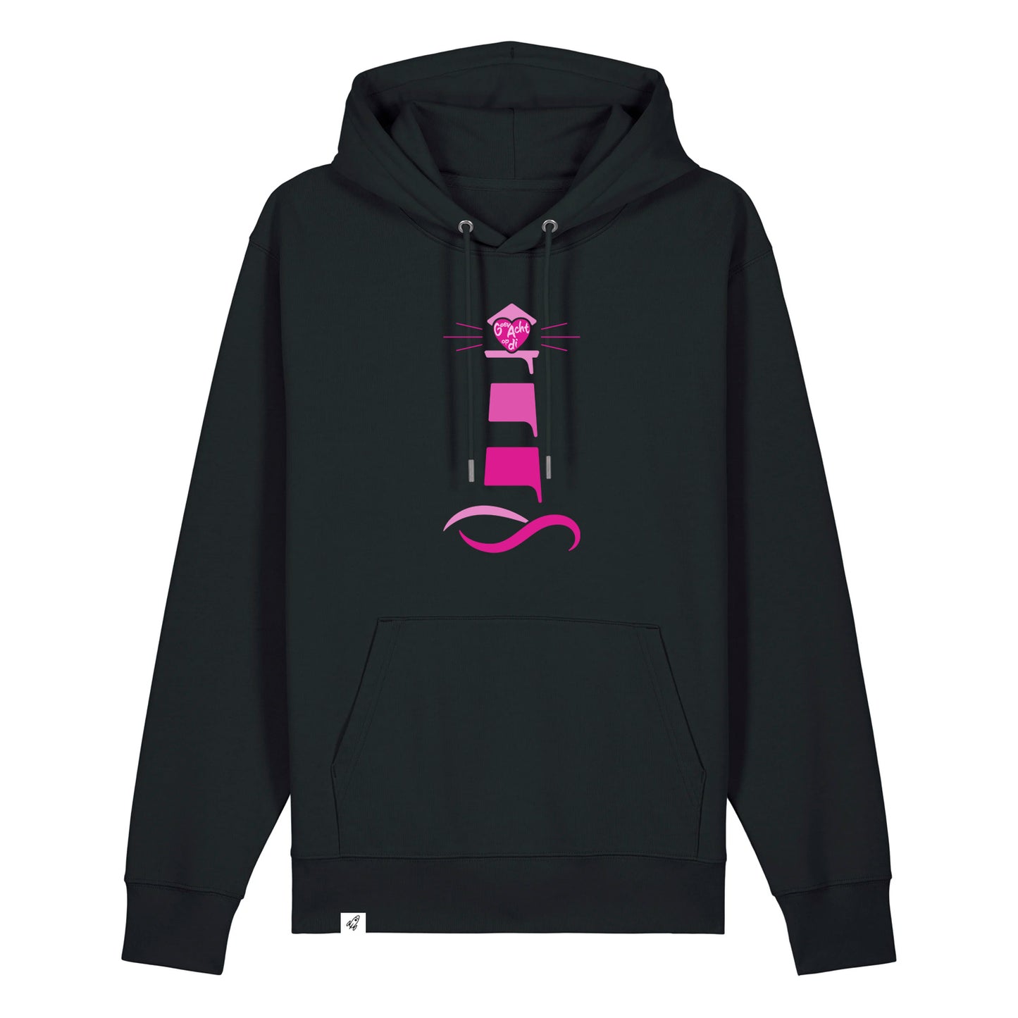 Schwarzer Unisex Hoodie aus der Pinktober Kollektion mit Leuchtturm Motiv.
