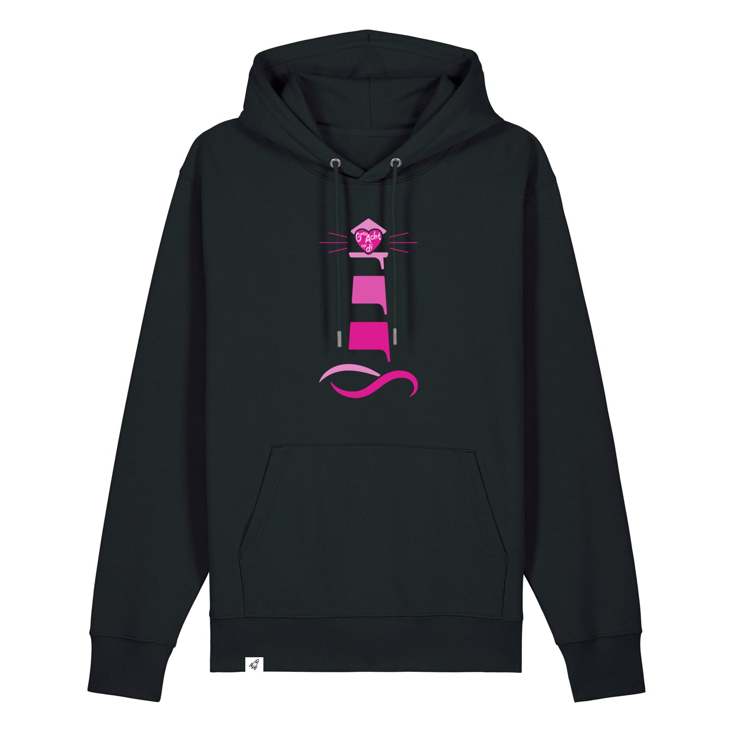 Schwarzer Unisex Hoodie aus der Pinktober Kollektion mit Leuchtturm Motiv.