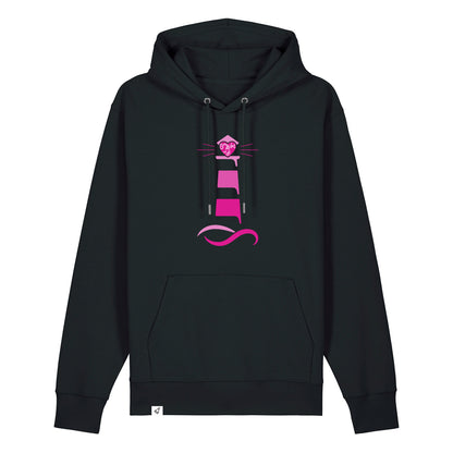 Schwarzer Unisex Hoodie aus der Pinktober Kollektion mit Leuchtturm Motiv.