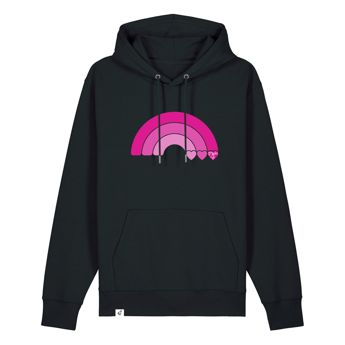 Schwarzer Unisex Hoodie aus der Pinktober Kollektion mit Regenbogen Motiv.