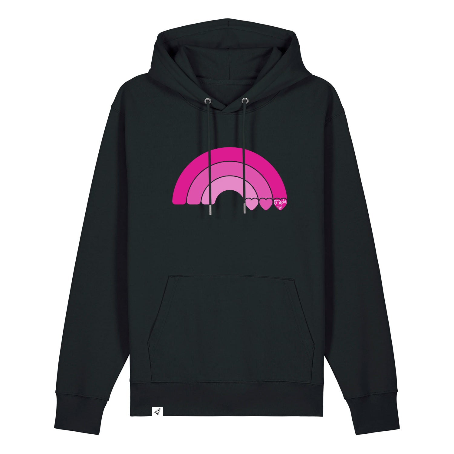 Schwarzer Unisex Hoodie aus der Pinktober Kollektion mit Regenbogen Motiv.