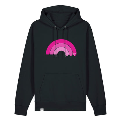 Schwarzer Unisex Hoodie aus der Pinktober Kollektion mit Regenbogen Motiv.