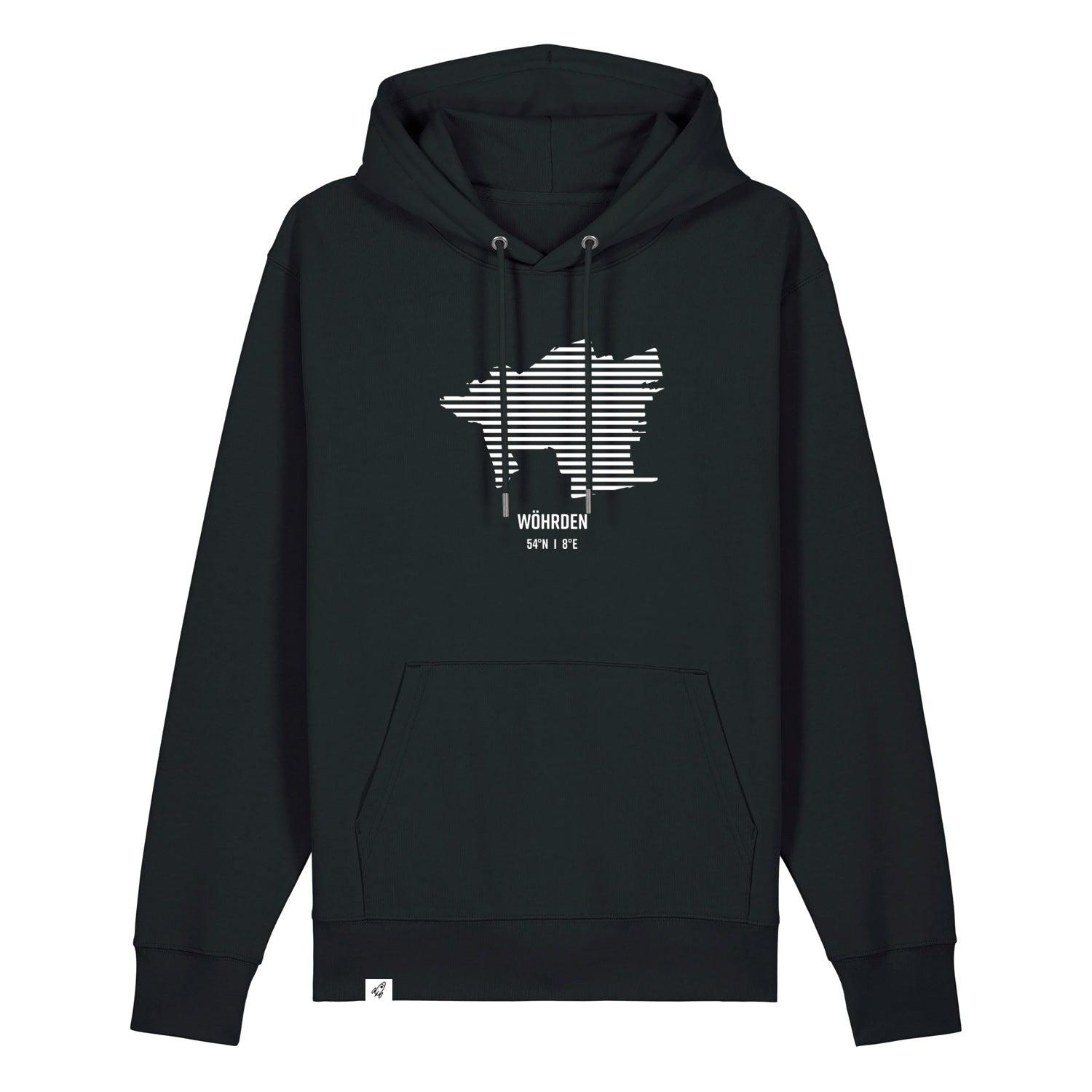 Schwarzer Unisex Hoodie mit Kordelzug und Kängurutasche. Auf der Brust ist in weißen Streifen der Umriss von Wöhrden. Darunter steht Wöhrden. Die Farbe vom Hoodie heißt Black.