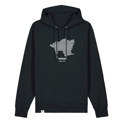 Schwarzer Unisex Hoodie mit Kordelzug und Kängurutasche. Auf der Brust ist in weißen Streifen der Umriss von Wöhrden. Darunter steht Wöhrden. Die Farbe vom Hoodie heißt Black.