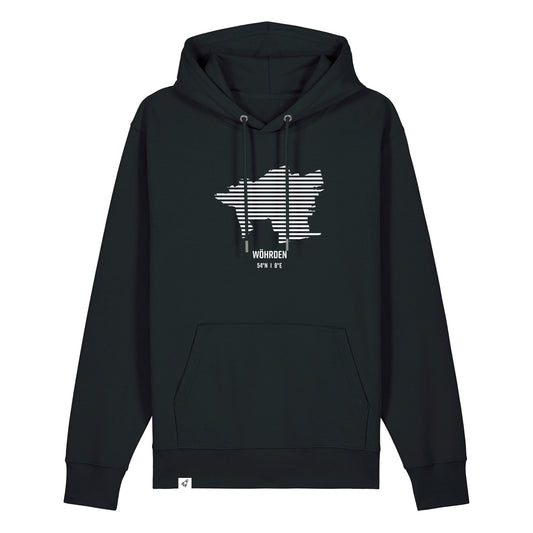 Schwarzer Unisex Hoodie mit Kordelzug und Kängurutasche. Auf der Brust ist in weißen Streifen der Umriss von Wöhrden. Darunter steht Wöhrden. Die Farbe vom Hoodie heißt Black.