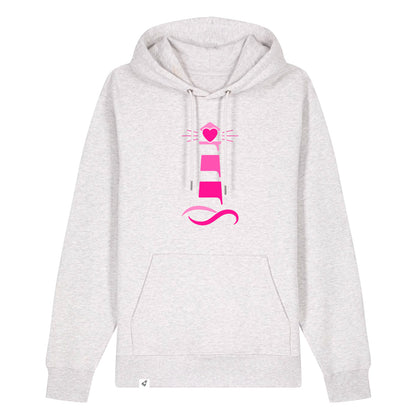 Hellgrauer Unisex Hoodie aus der Pinktober Kollektion mit Leuchtturm Motiv.