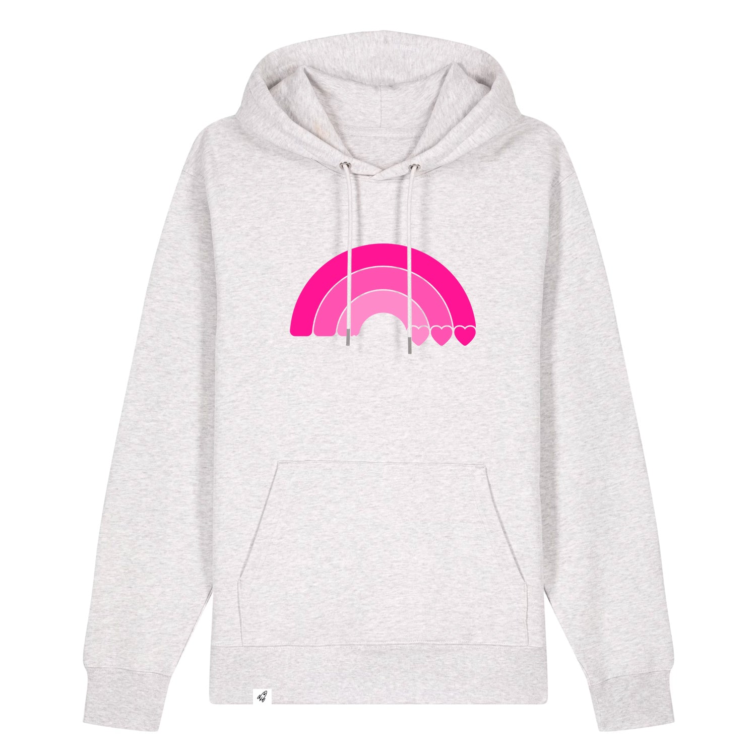 Hellgrauer Unisex Hoodie aus der Pinktober Kollektion mit Regenbogen Motiv.