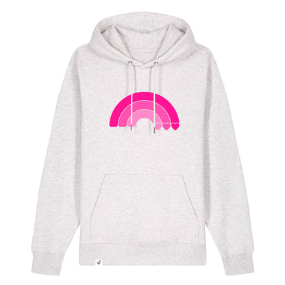 Hellgrauer Unisex Hoodie aus der Pinktober Kollektion mit Regenbogen Motiv.
