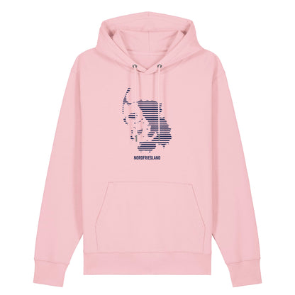 Pinker Unisex Hoodie mit Kordelzug und Kängurutasche. Auf der Brust ist in blauen Streifen der Umriss von Nordfriesland.