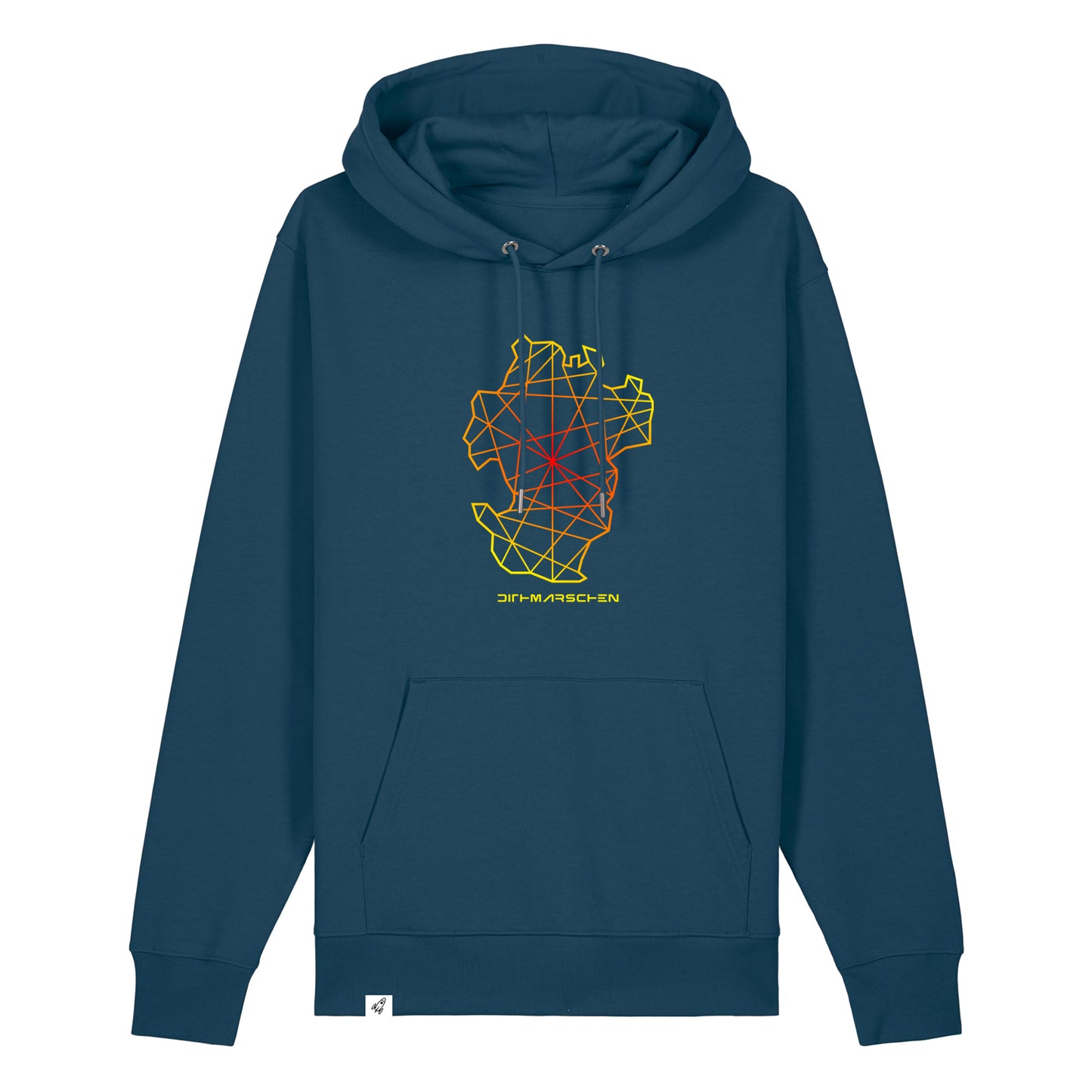 Hoodie Blau. Dithmarschen Aufdruck in rot-gelbem Farbverlauf. Space-Look. Farbe vom Hoodie Deep Teal.